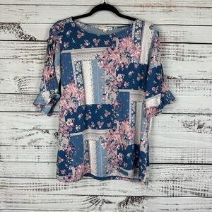 Women's Above & Beyond Blue & Blush Floral Short Sleeve Stretch Blouse Size XL